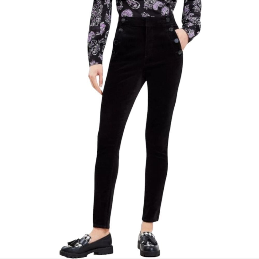 Loft Mariner Nautical Black‎ Velvet High-Waisted Button Detail Pants Size 30 New